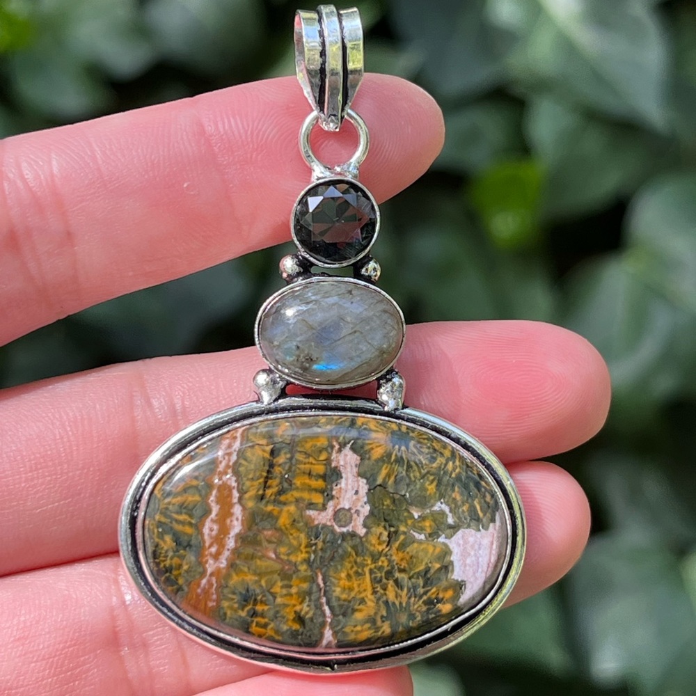 925 silver overlay‎ labradorite jasper pendant